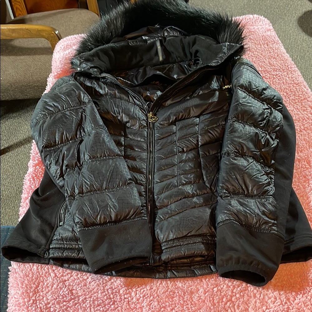 MICHAEL Michael Kors Black and Gold Puffer Jacket with Fur Hood